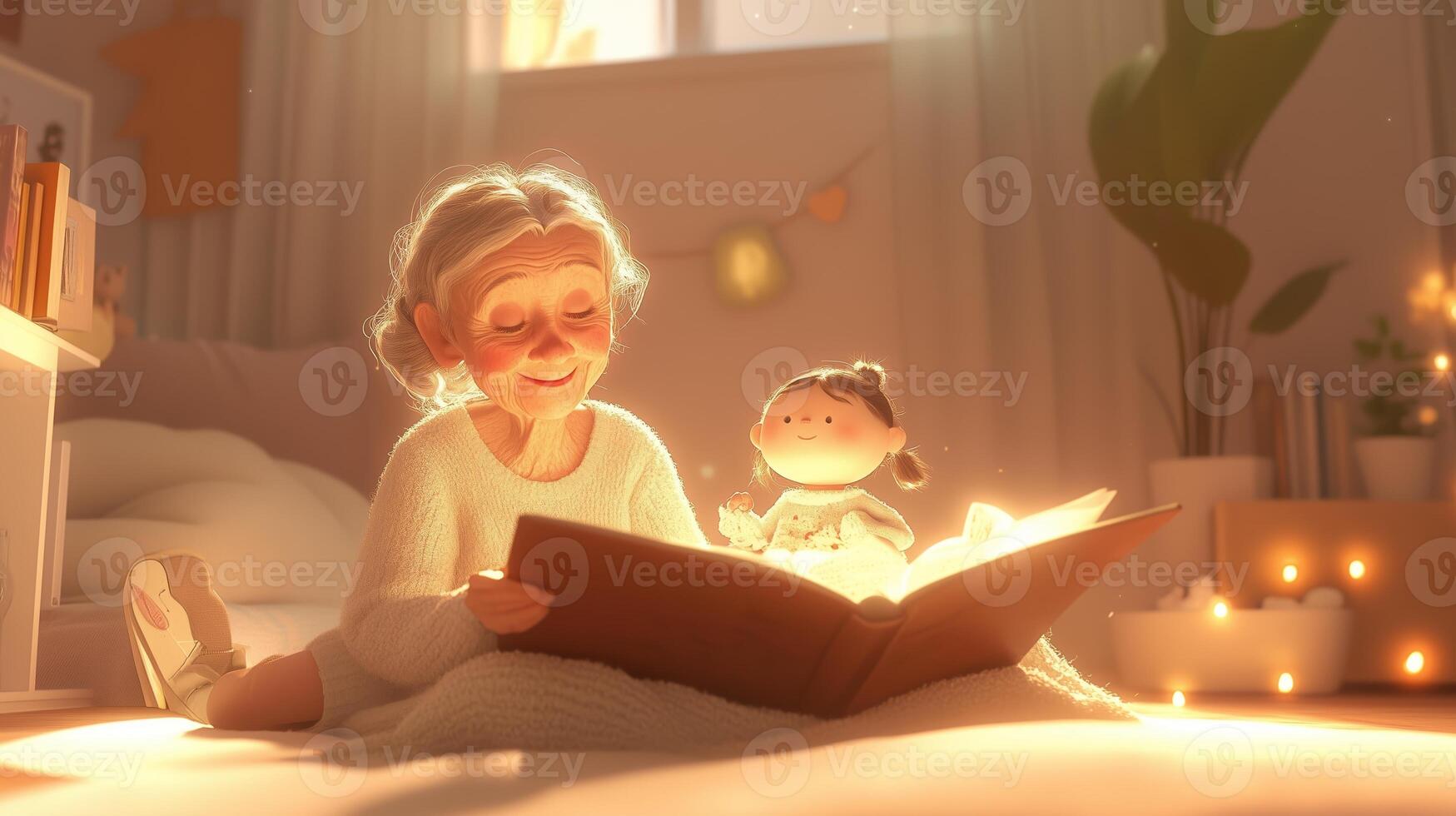 Grandmother reads a bedtime story to a child in a cozy, warmly lit room with soft textures and gentle decor photo
