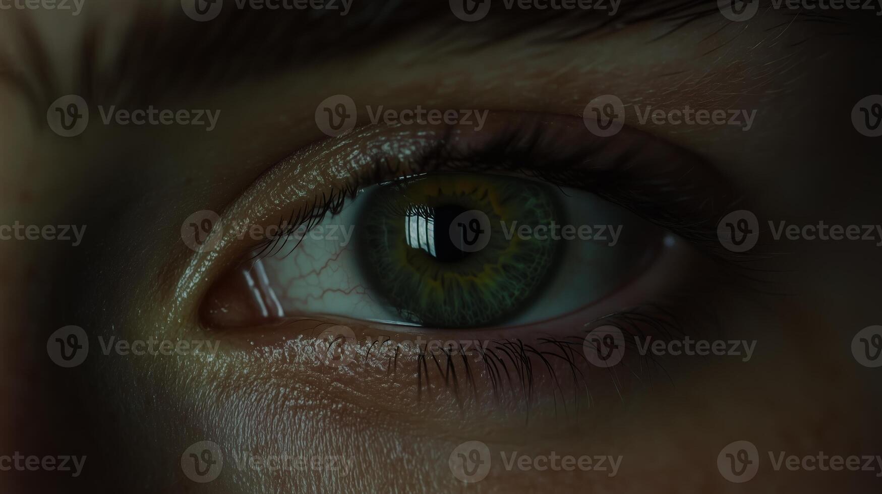 Close-up of a human eye showcasing intricate details and reflections in a dimly lit environment photo