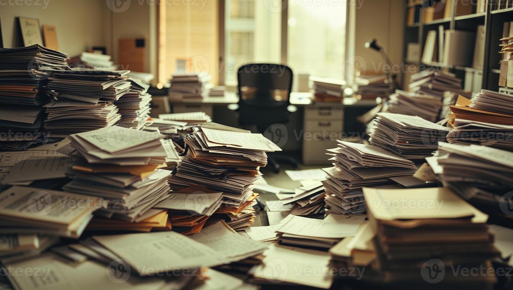 Office clutter filled with stacked papers and disorganization in a busy workspace during daylight hours photo