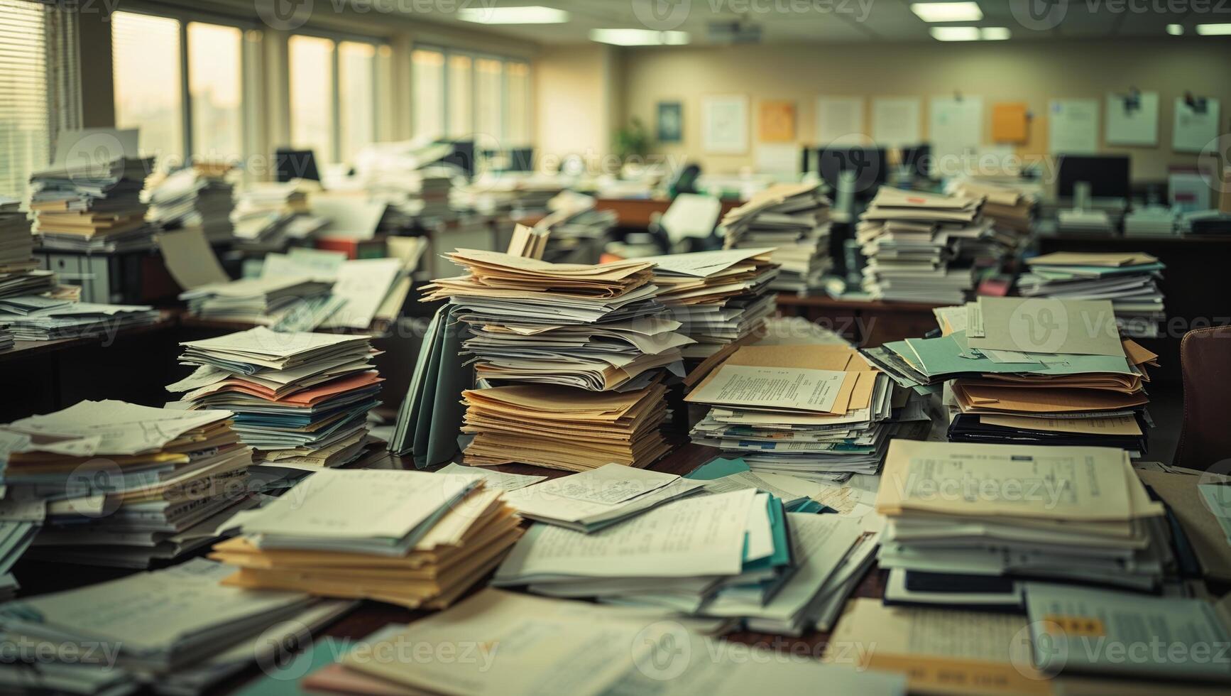 Office clutter filled with paperwork and files indicating a busy work environment in a high-rise building during the day photo