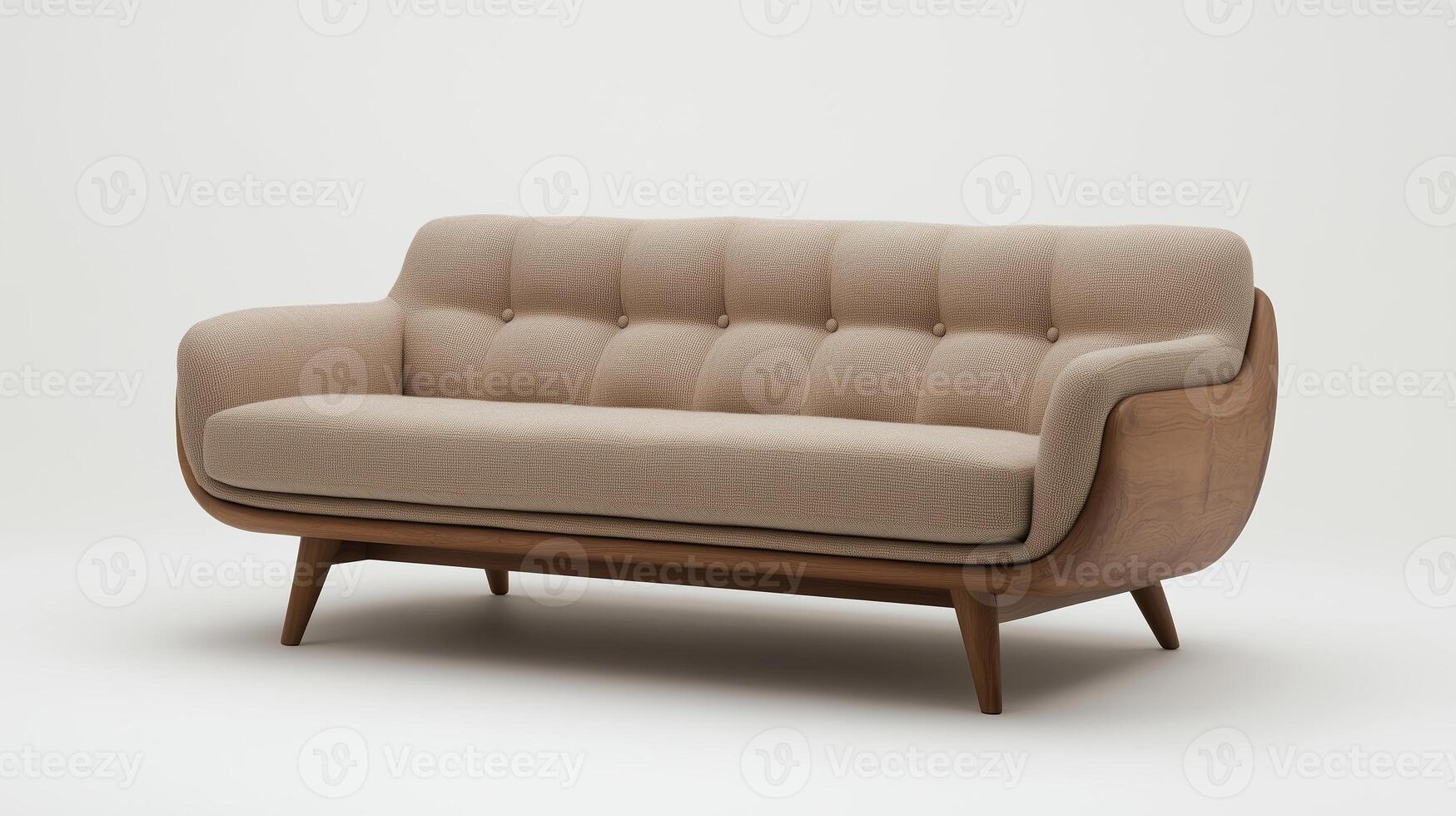 Modern beige sofa with wooden legs placed against a neutral backdrop in a stylish interior setting photo