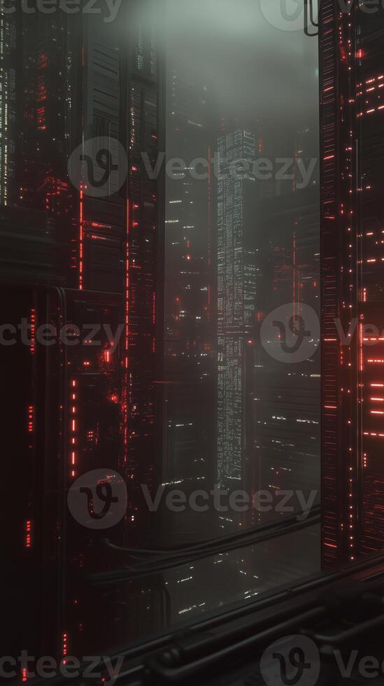 Futuristic urban landscape illuminated by red lights in a dense fog during twilight hours photo