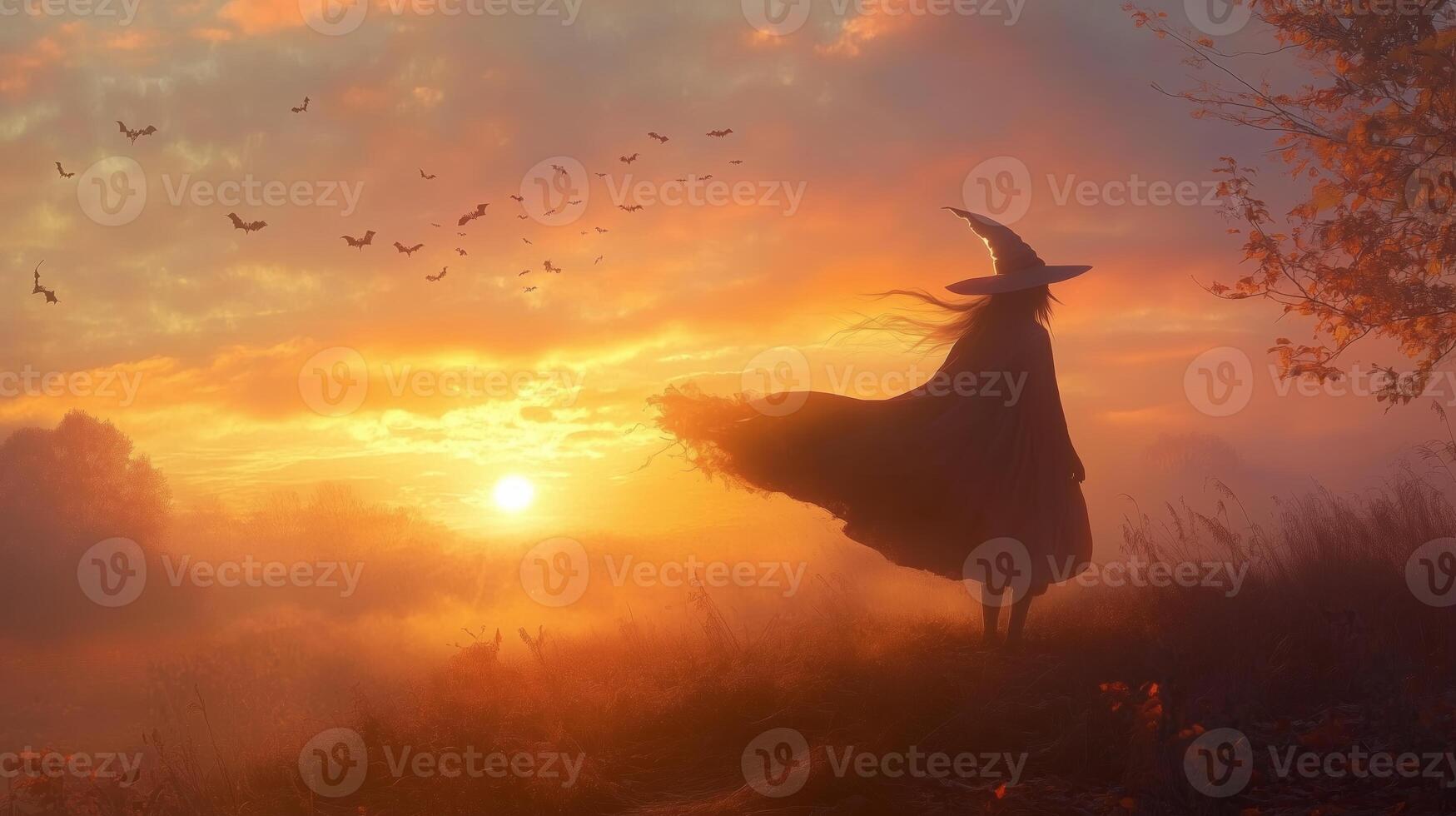 Dark silhouette of a witch against a vibrant sunset sky in an enchanting landscape with flying bats photo