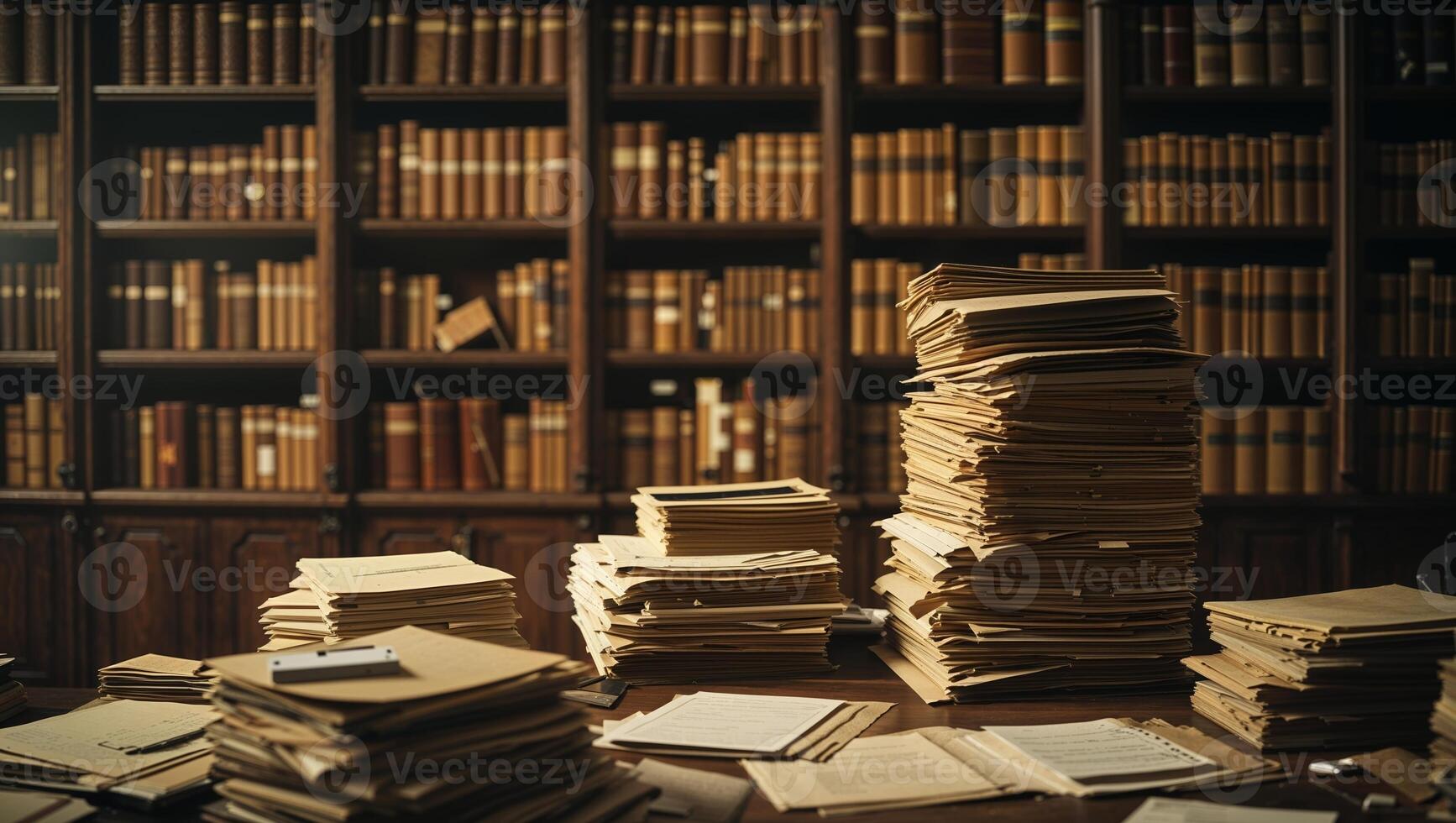 Stacks of documents and well-organized books in a vintage library during daylight hours showcasing a scholarly atmosphere photo