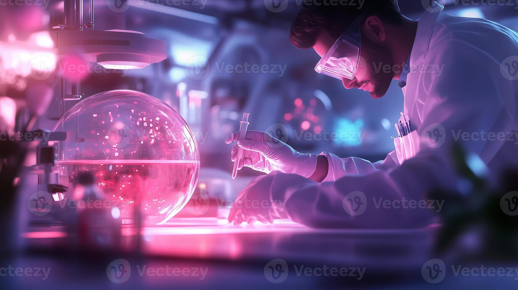 Scientist conducts experiments in a laboratory with glowing glassware and advanced equipment under colorful lighting photo