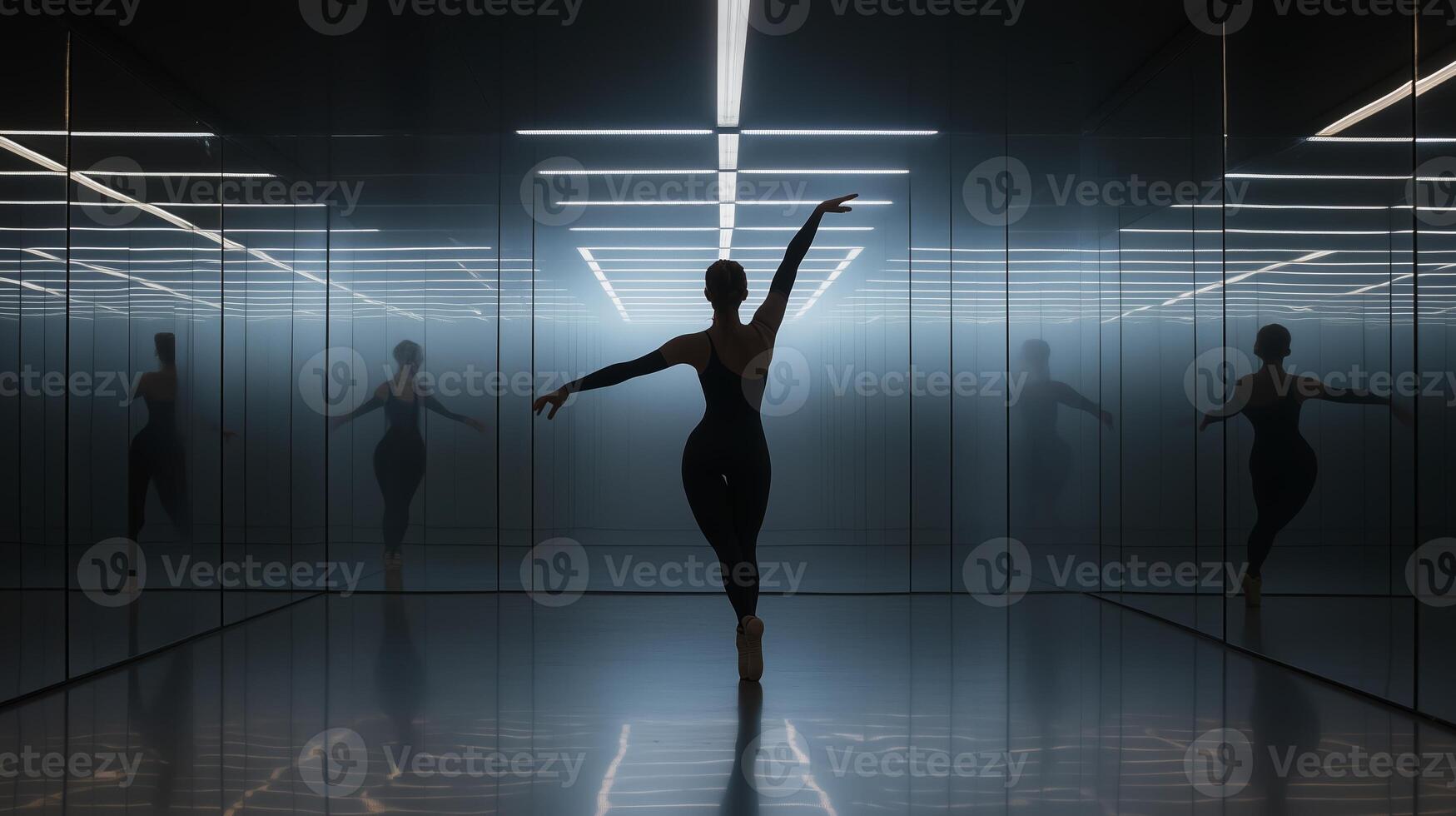 Dancer performs elegantly in a modern studio with reflective surfaces and dramatic lighting photo