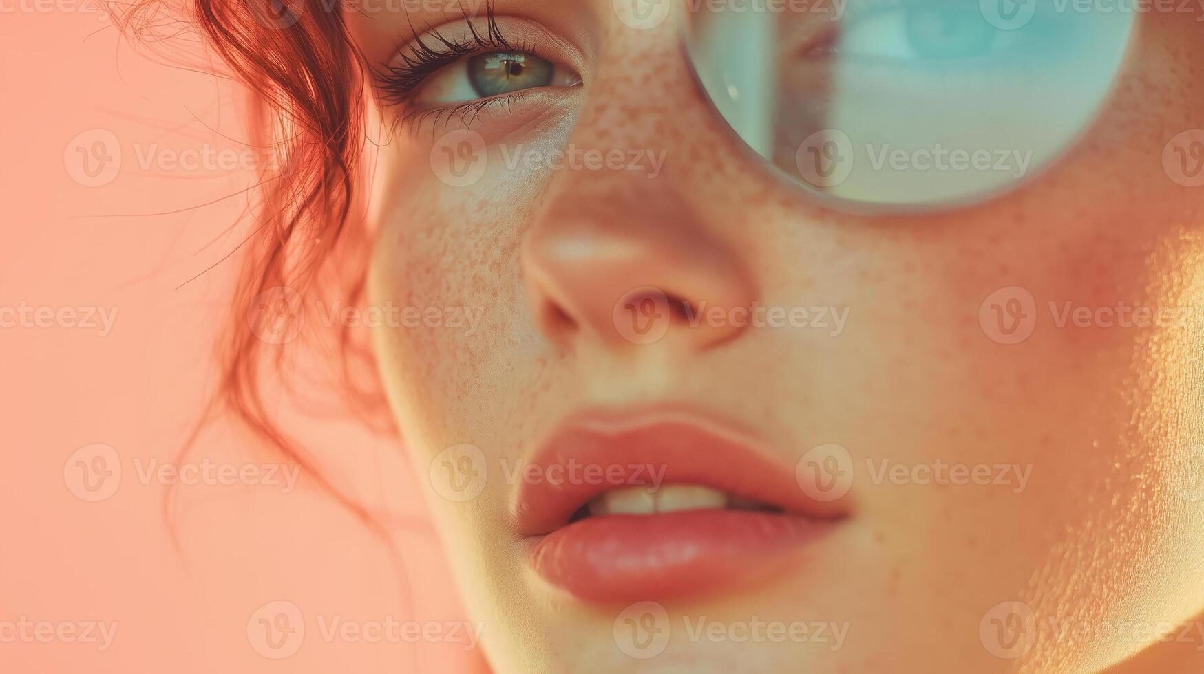 Beautiful young woman with freckles wearing stylish sunglasses against a pastel pink backdrop during golden hour photo