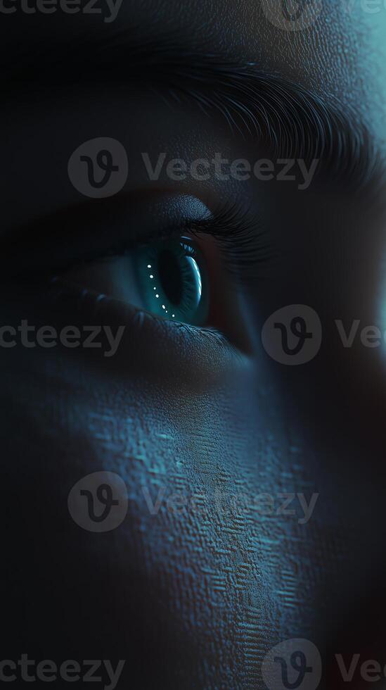 Close-up of a person's eye illuminated with soft light, showcasing intricate details and textures in a serene environment photo