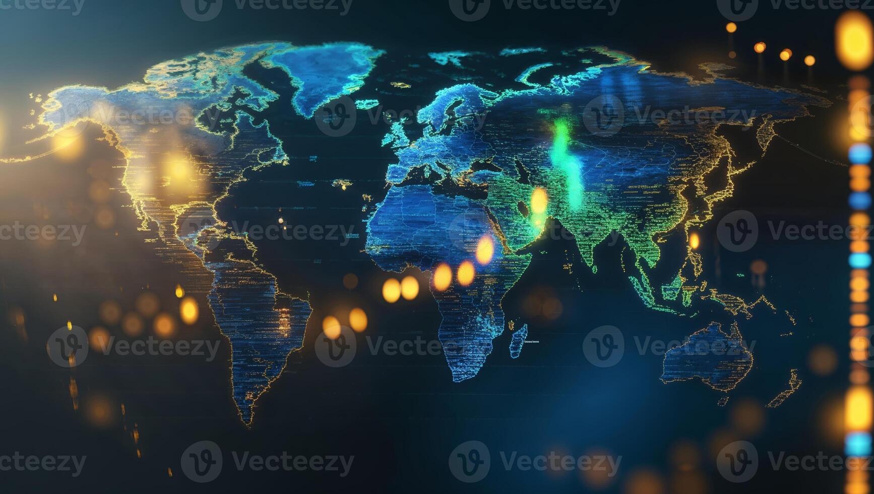 Digital world map with glowing connections and data points displayed against a dark background photo