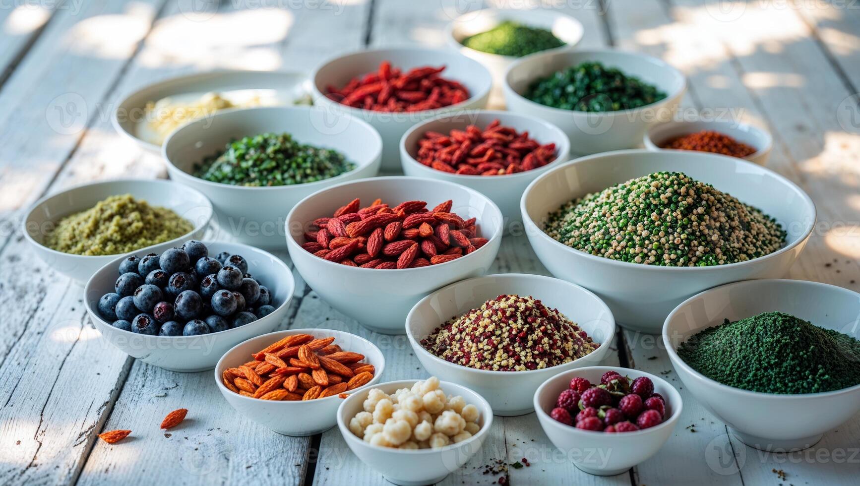 Various dried fruits and superfoods arranged in bowls on a rustic wooden table photo