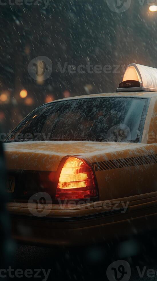 Yellow taxi navigating through a snowy city street at night with illuminated rooftop sign during a winter storm photo