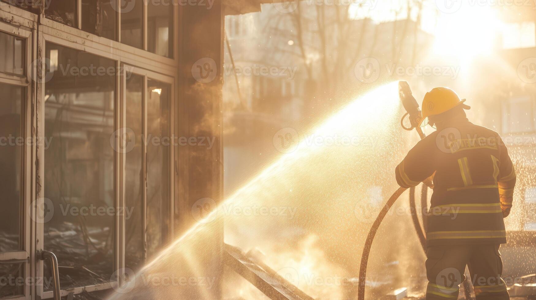 Firefighter extinguishes flames at a building during sunrise in a smoky urban setting photo