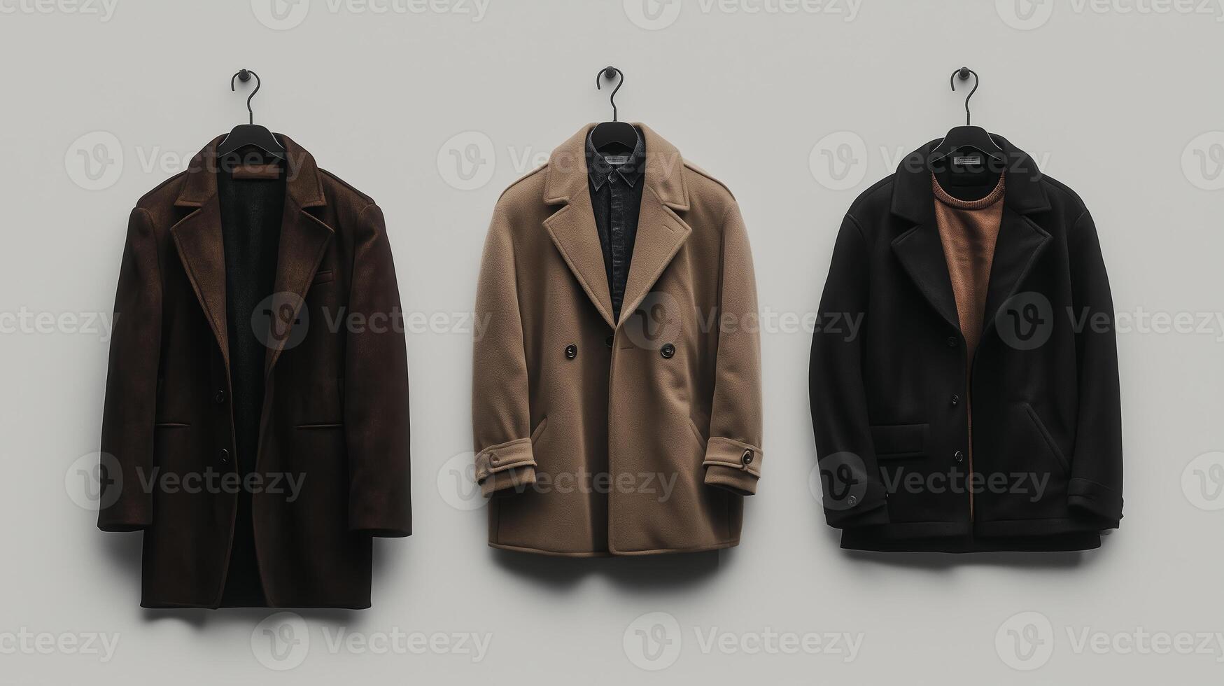 Stylish outerwear collection showcased on hangers in a minimalist fashion display environment photo