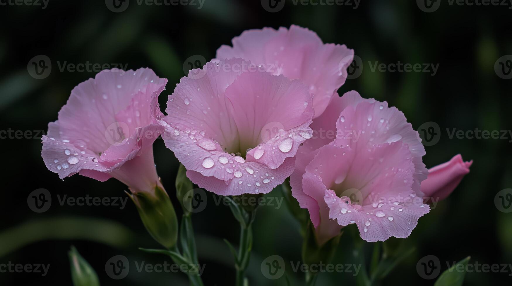Beautiful pink flowers with droplets glistening after rain in a lush green garden setting photo
