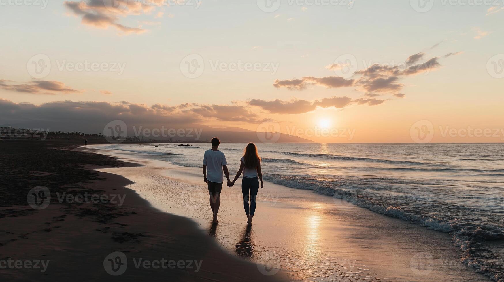 Couple walking hand in hand along the beach at sunset with waves gently lapping at their feet photo