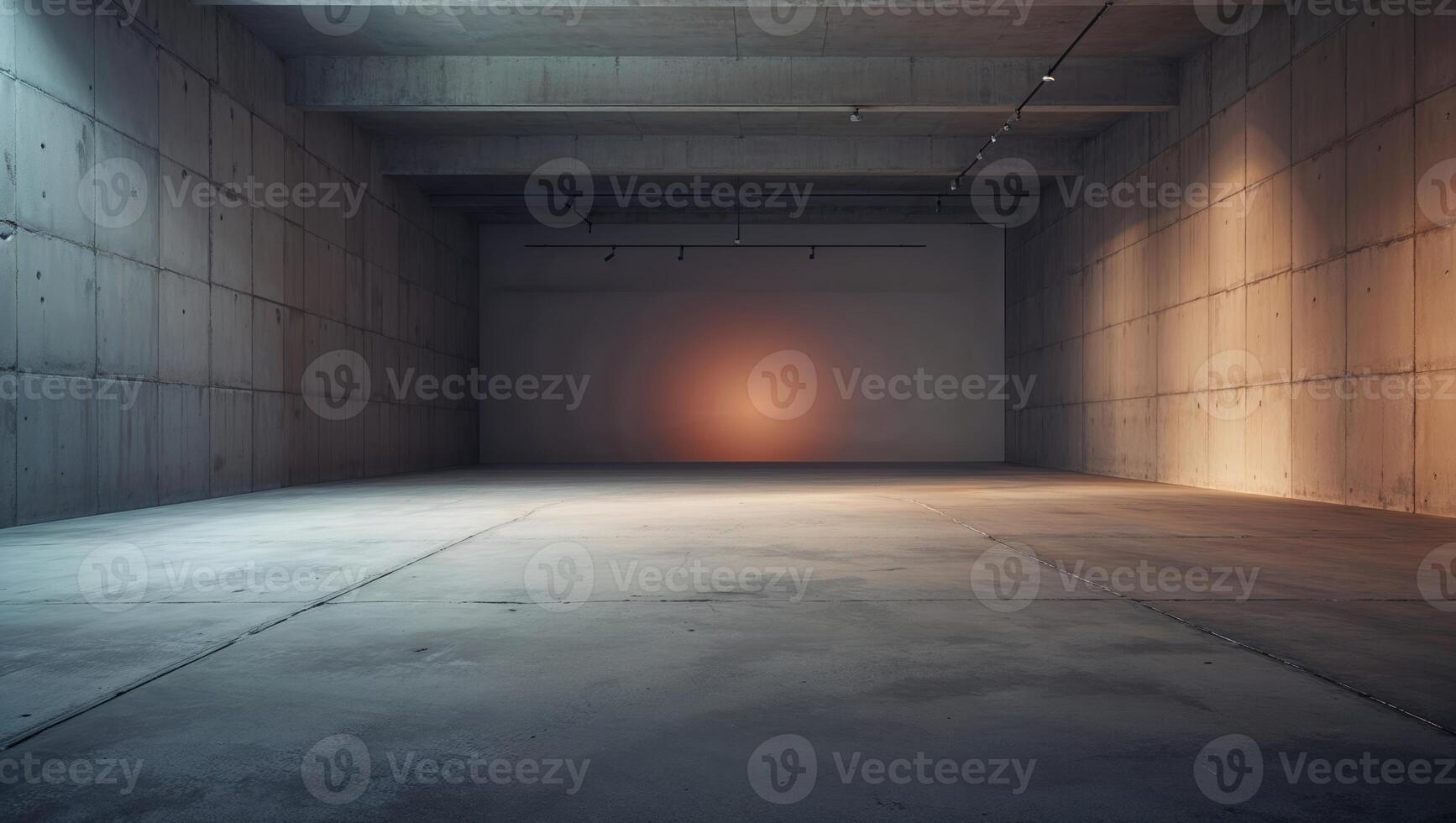 Spacious modern industrial interior showcasing minimalist design with soft lighting effects photo