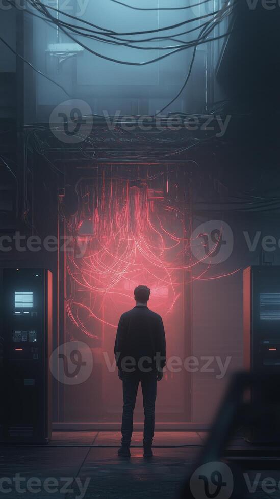 Mystical encounter with glowing technology in a dimly lit server room during the late evening photo