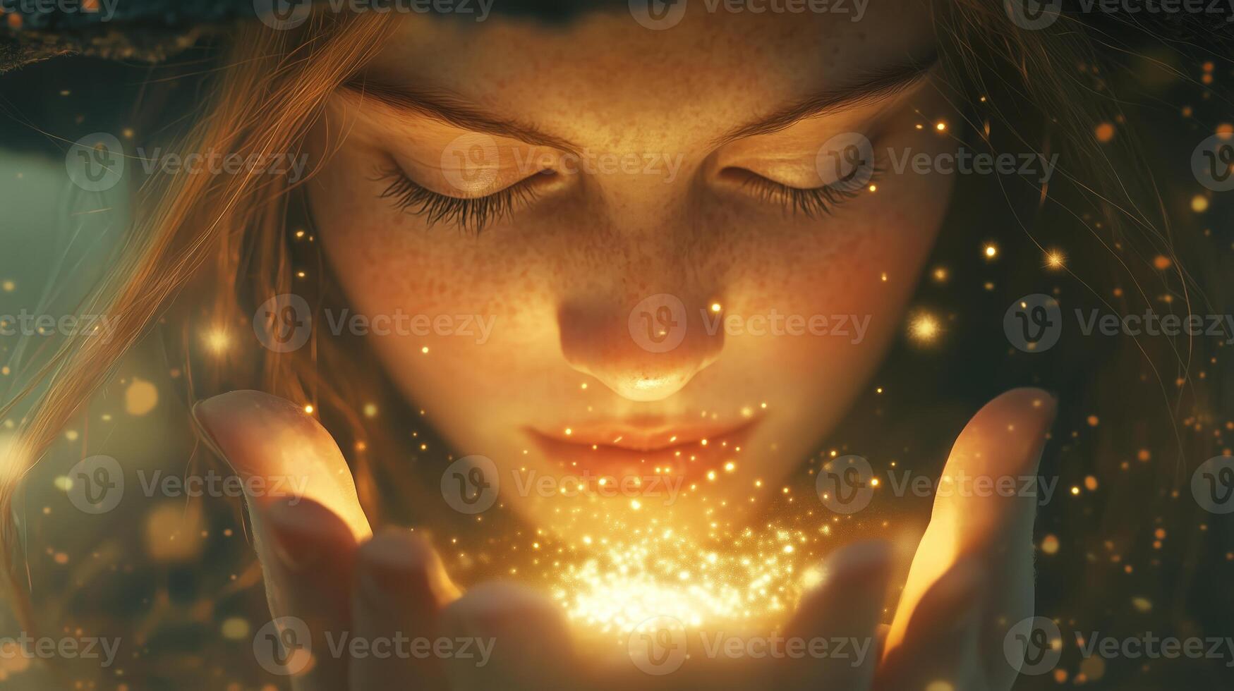 Young girl with red hair and freckles gazes at glowing sparkles in her hands during twilight in a mystical forest photo