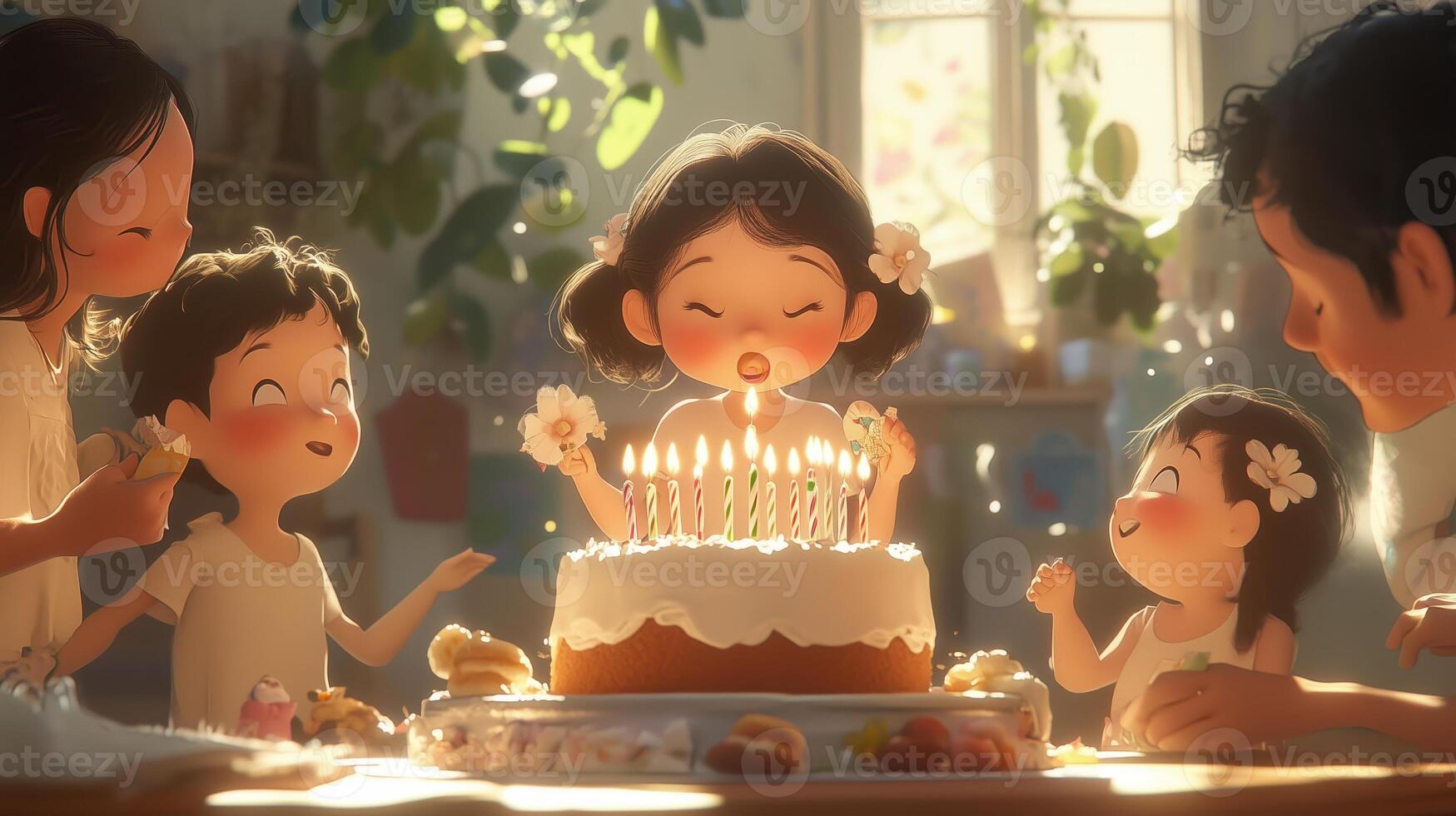 Family celebrates a young girl's birthday with cake and candles in a cozy room filled with light and joy photo