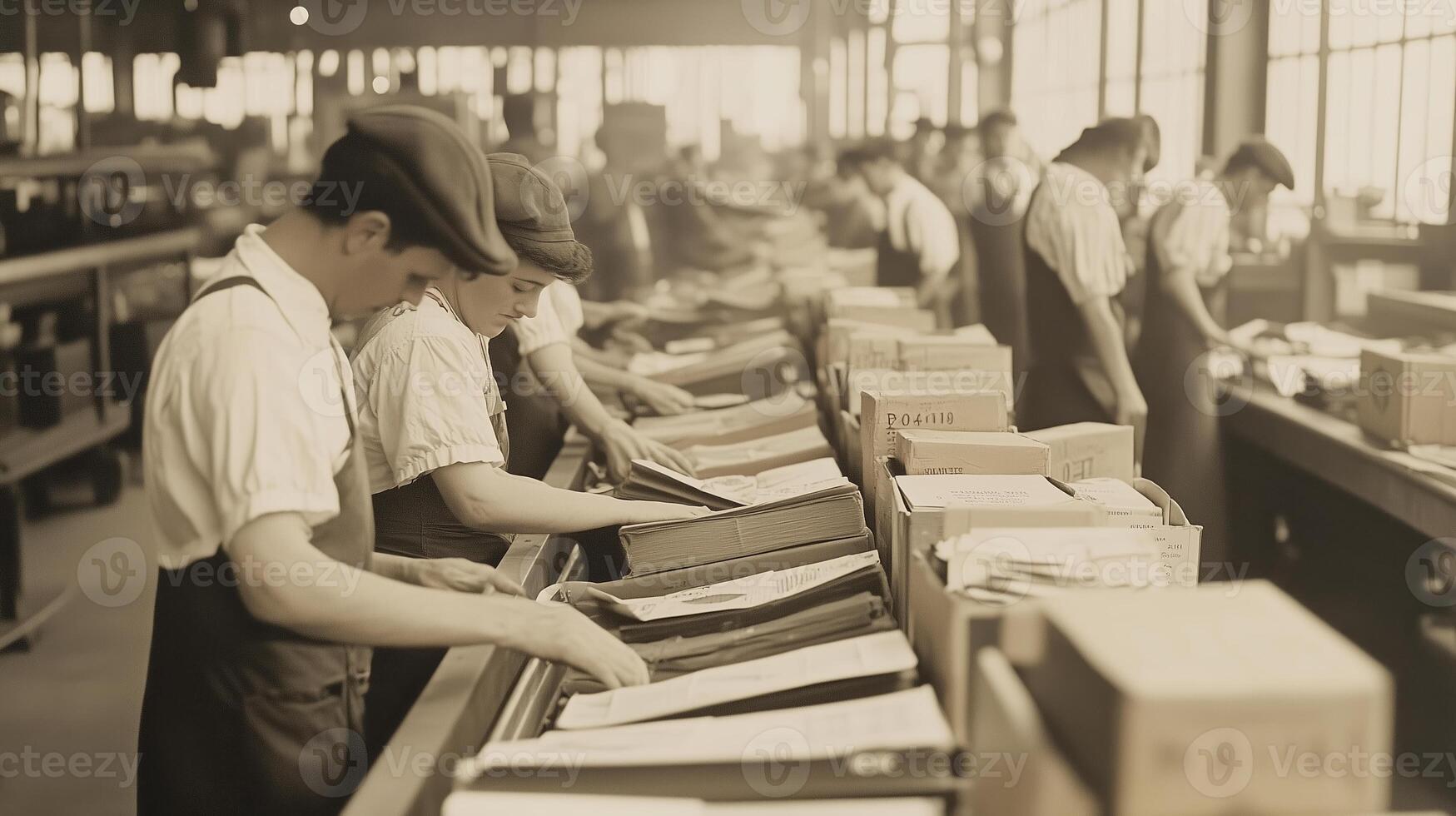 Workers processing documents in a historic factory setting during the early 20th century photo