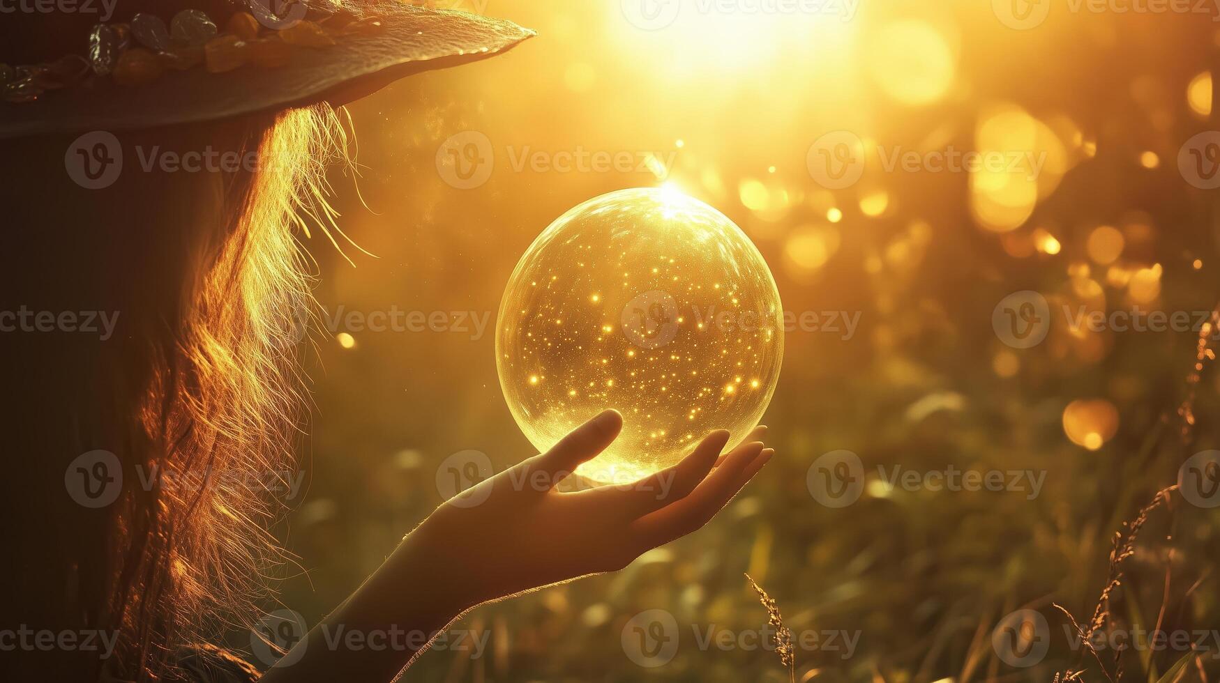 Holding a crystal ball during sunset in a field, capturing a moment of magic and tranquility photo