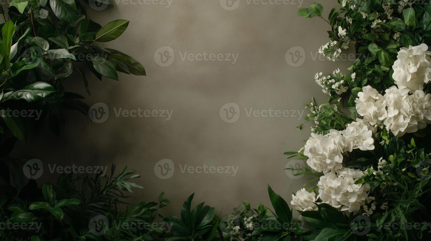 Soft white flowers and lush green foliage decorate a textured backdrop in a serene botanical composition photo