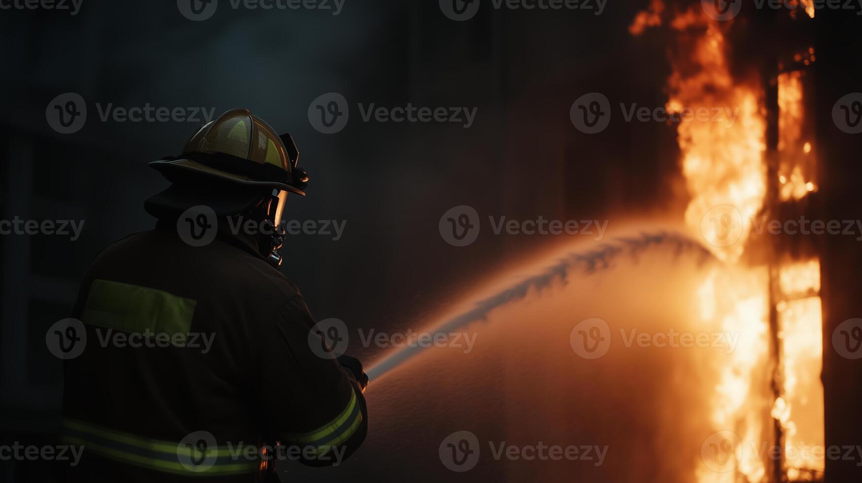 Firefighter battles intense blaze at a residential building during nighttime emergency response operation photo