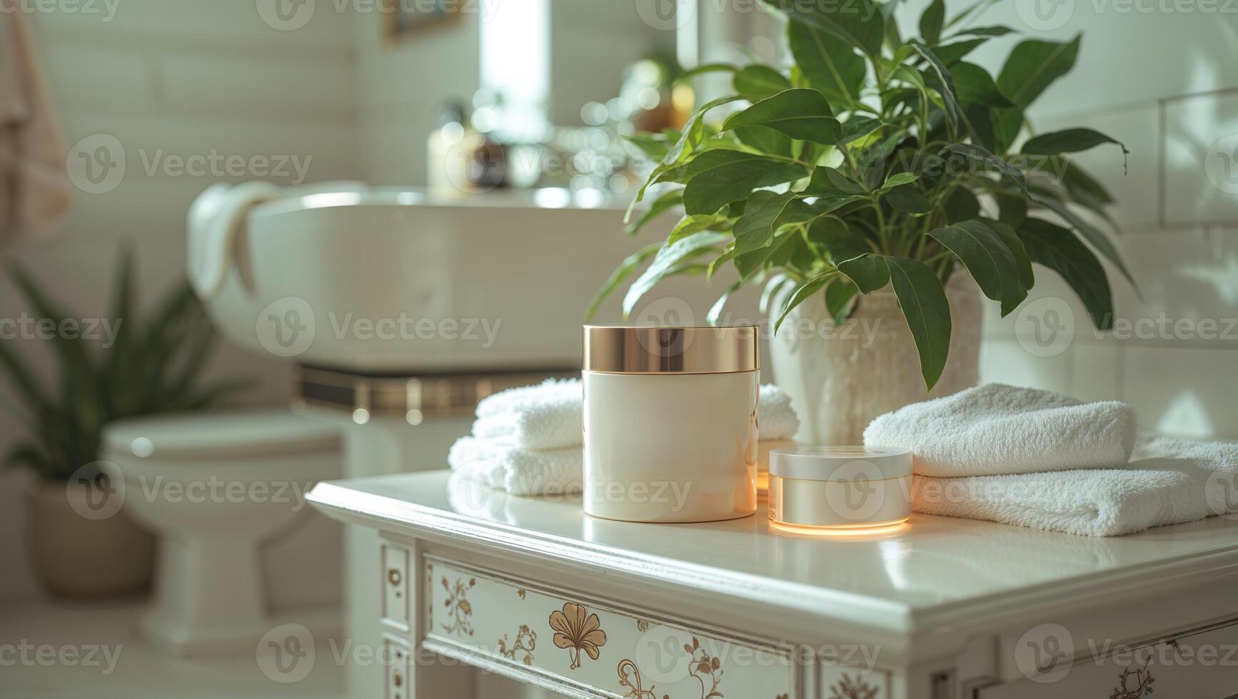 Elegant bathroom with plants, towels, and skincare products arranged on a vintage table in soft natural light photo