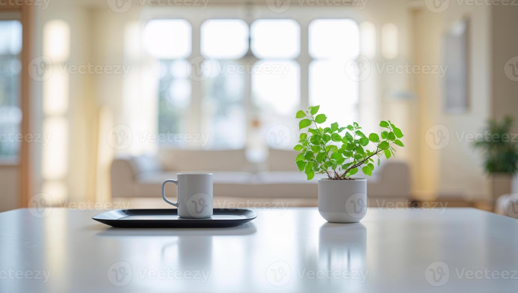 Bright and minimalistic living room with a coffee cup and a small green plant on a white table during morning light photo