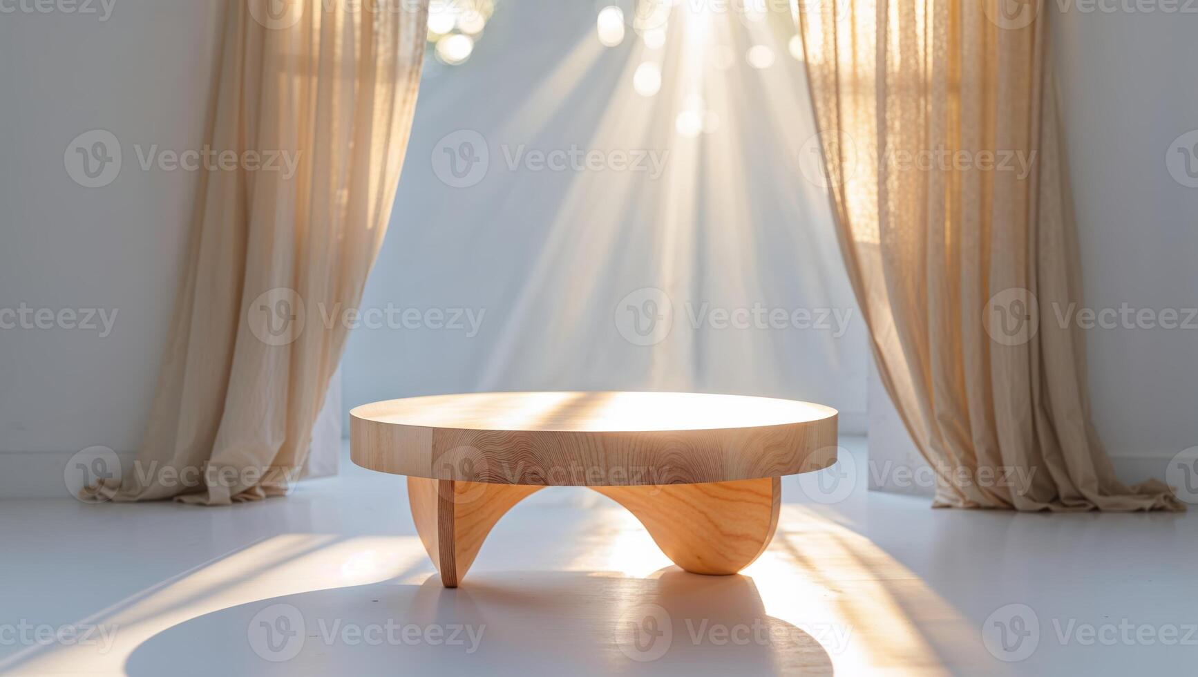 Soft sunlight filters through curtains, illuminating a wooden table in a serene, minimalist room setting photo