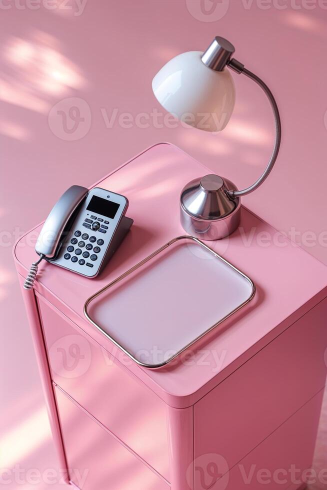 Stylish pink desk setup with retro telephone and modern lamp for a cozy workspace photo