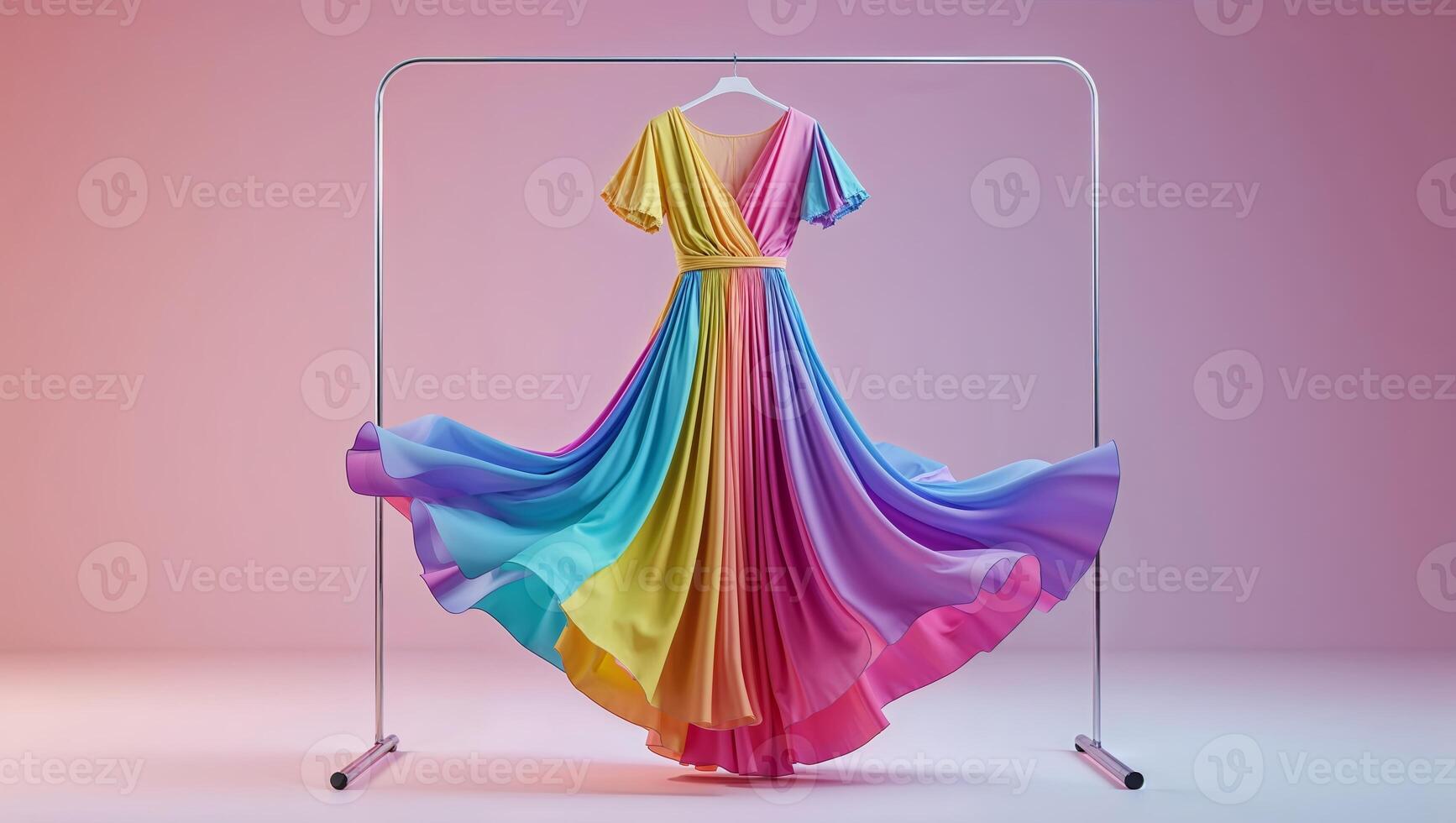 Colorful dress display in a stylish setting with a graceful flow and vivid hues at a fashion showcase photo