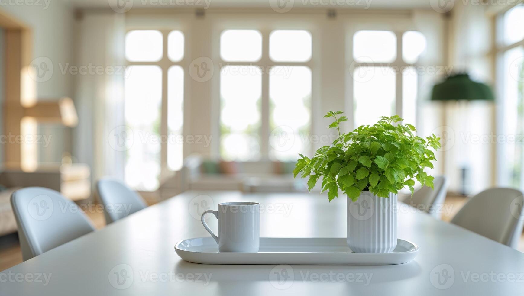 Fresh green plant and white cup placed on a tray in a bright, modern indoor space during daylight hours photo