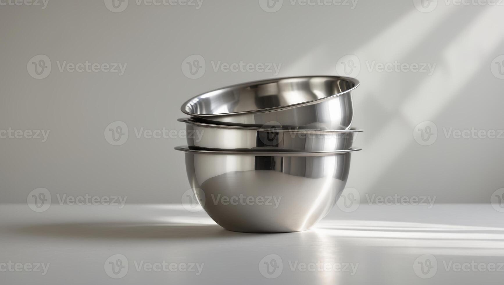 Metal mixing bowls stacked beautifully in a well-lit kitchen setting during daylight hours photo