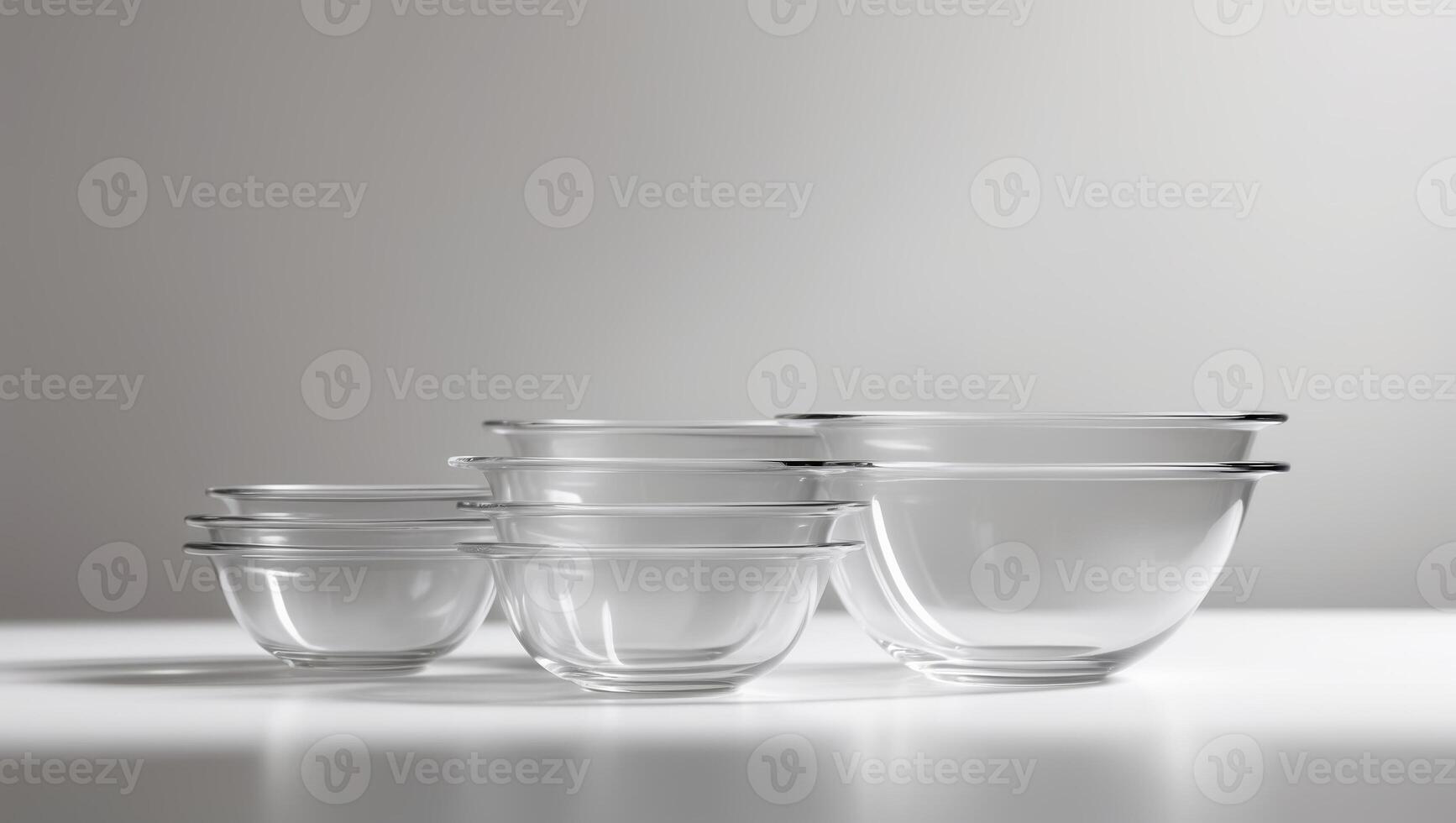 Various sizes of clear glass mixing bowls arranged on a light surface for kitchen use and cooking preparation photo