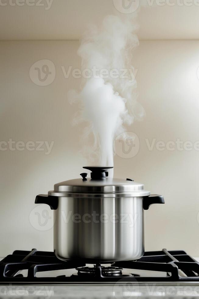 Steam rises from a metal pot cooking on a gas stove in a modern kitchen during daytime meal preparation photo