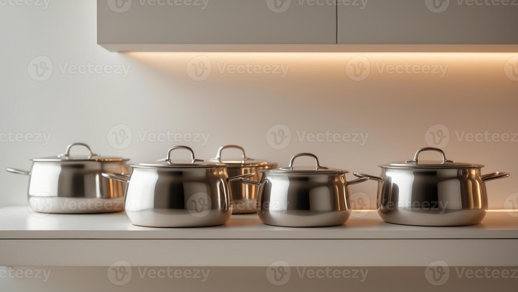 Cookware lined up on a countertop in a modern kitchen with warm lighting during the day photo