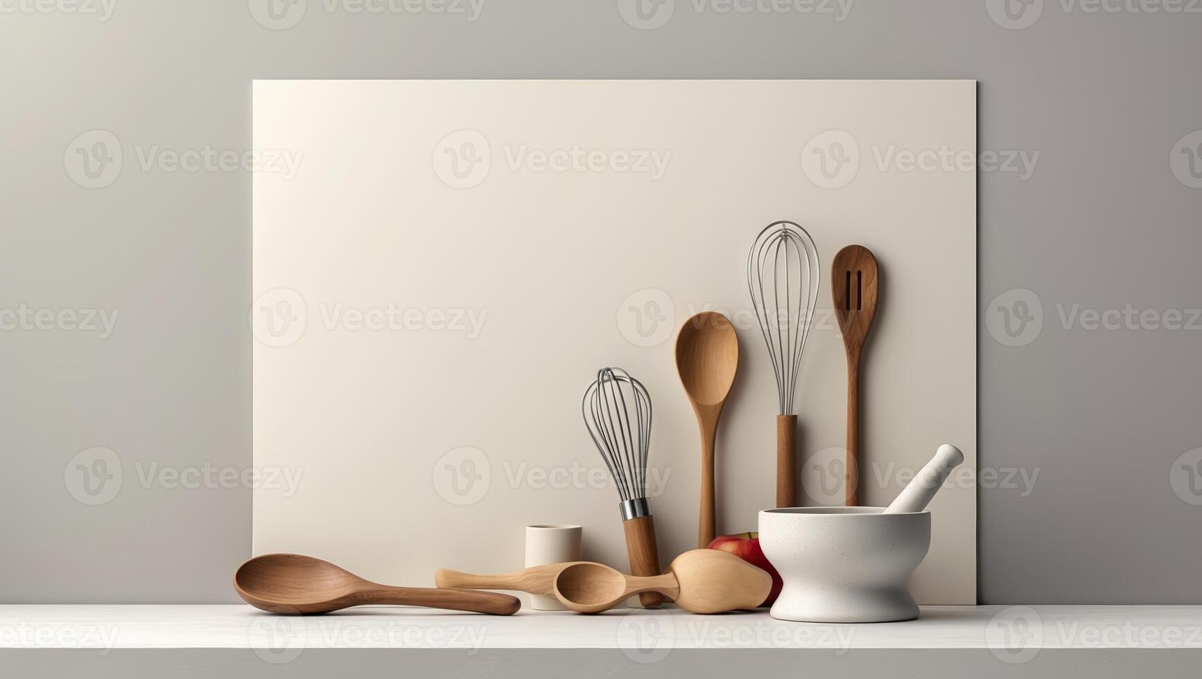 Kitchen utensils and tools arranged on a shelf against a neutral backdrop showcasing creative culinary design ideas photo