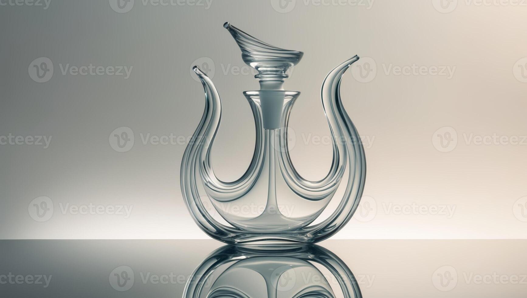 Elegant glass decanter with a unique design displayed on a reflective surface photo