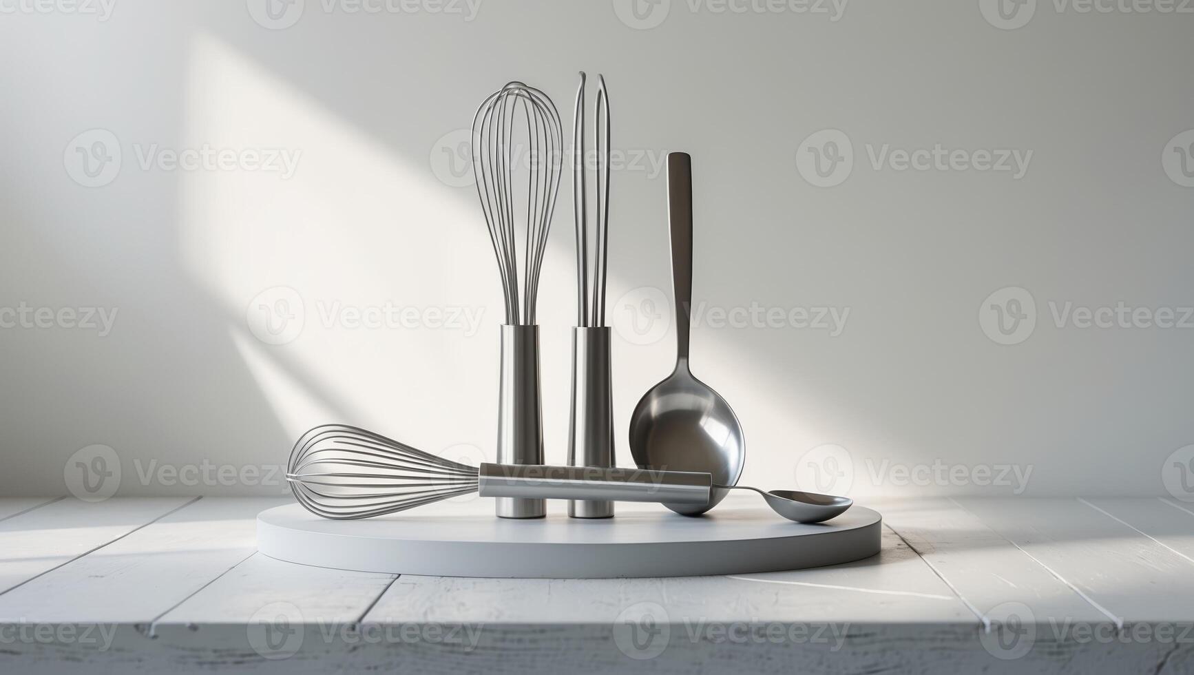 Kitchen utensils arranged on a pedestal in soft natural light, showcasing modern design and functionality photo