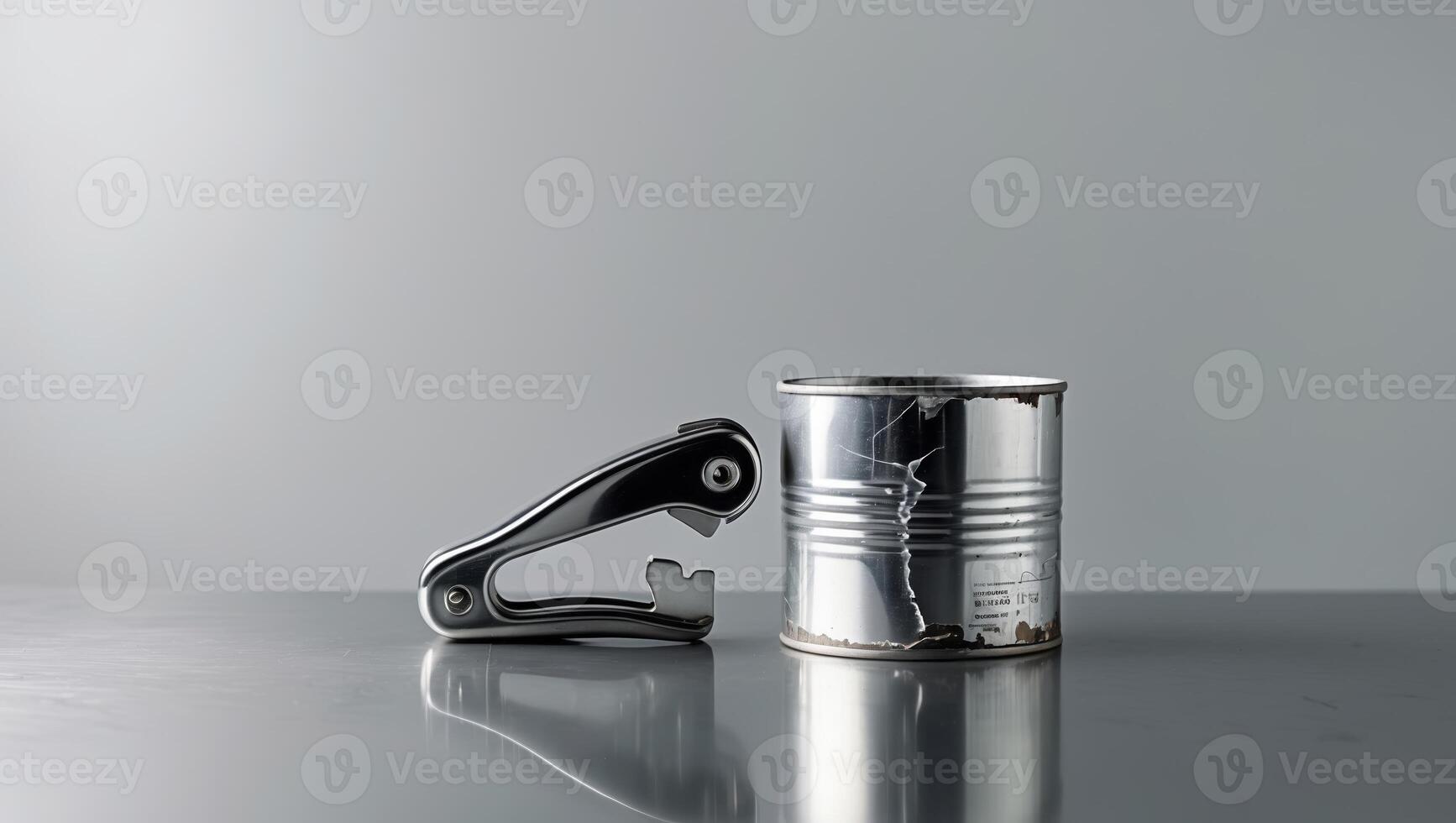Open can and can opener on a sleek kitchen countertop in minimalistic design photo