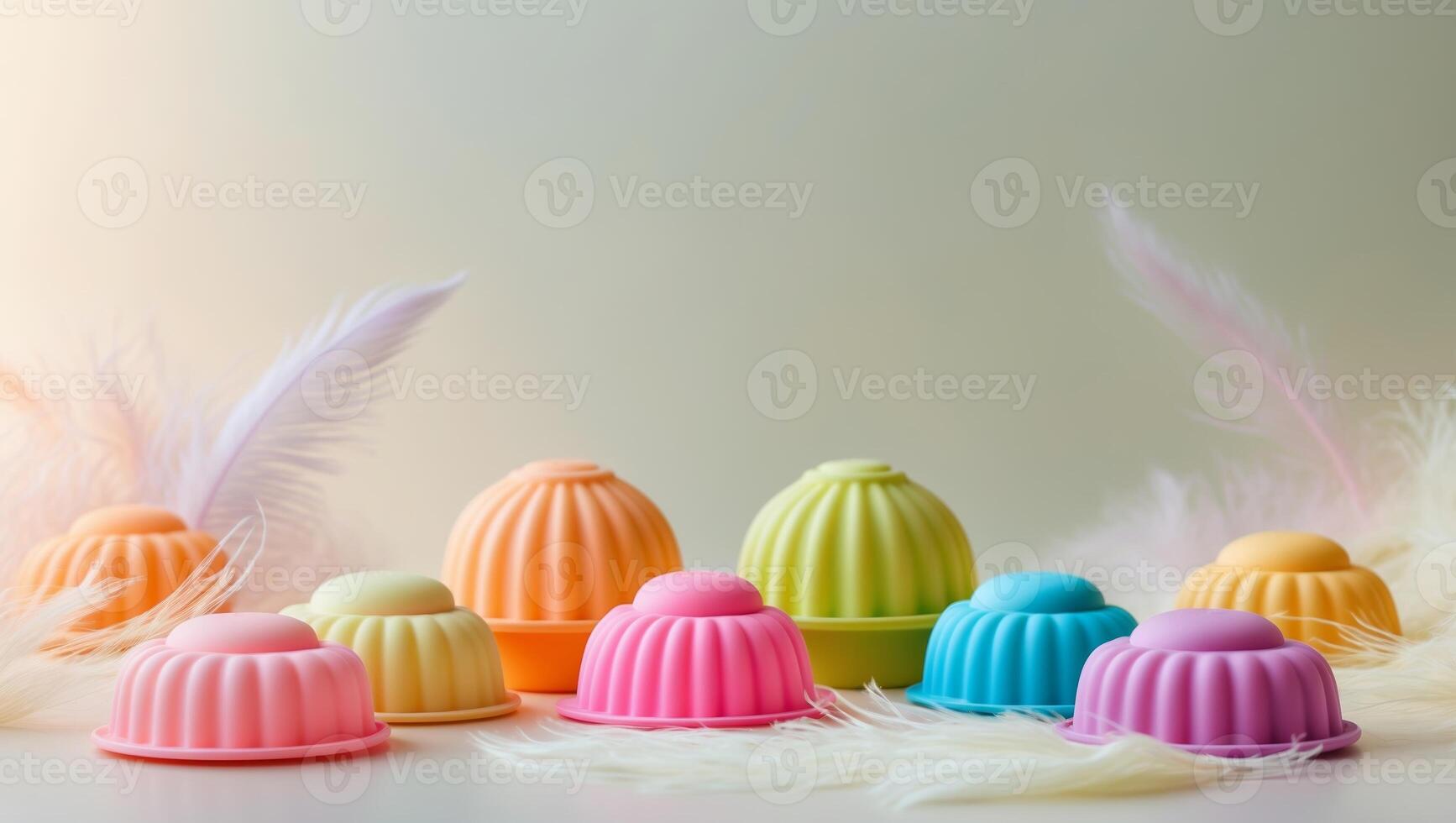 Colorful silicone baking molds arranged with soft feathers create a playful kitchen atmosphere photo