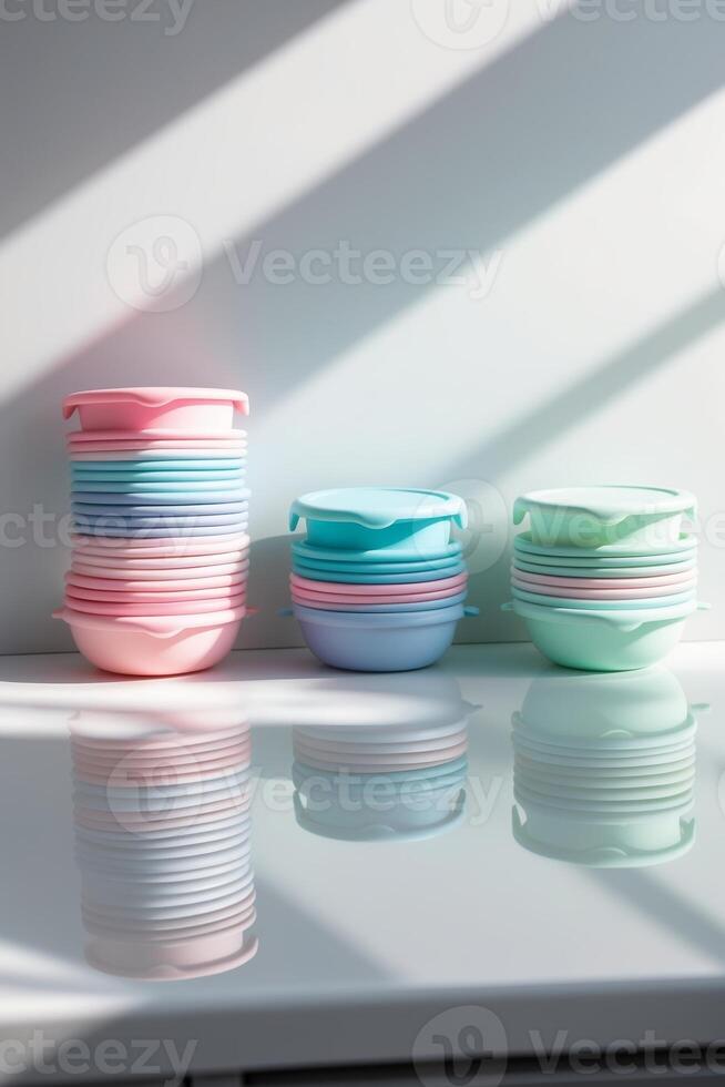 Colorful stack of nesting food storage containers on a kitchen countertop highlighted by natural light patterns photo