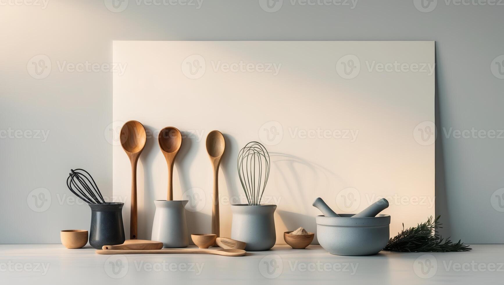Kitchen utensils arranged neatly on a countertop with a minimalist backdrop in soft, natural light photo