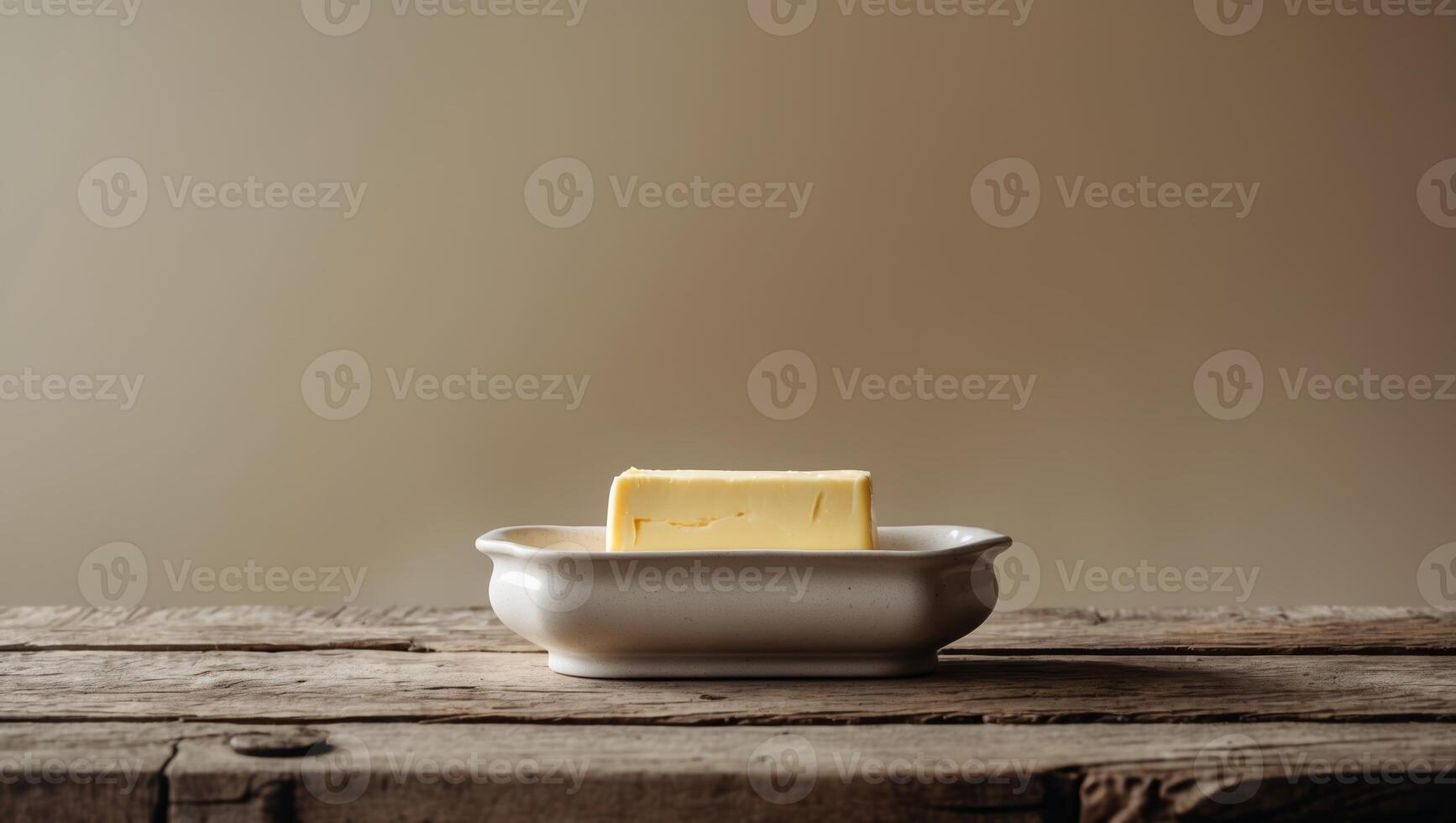 Butter block placed elegantly in a simple dish on a rustic wooden table against a neutral background photo