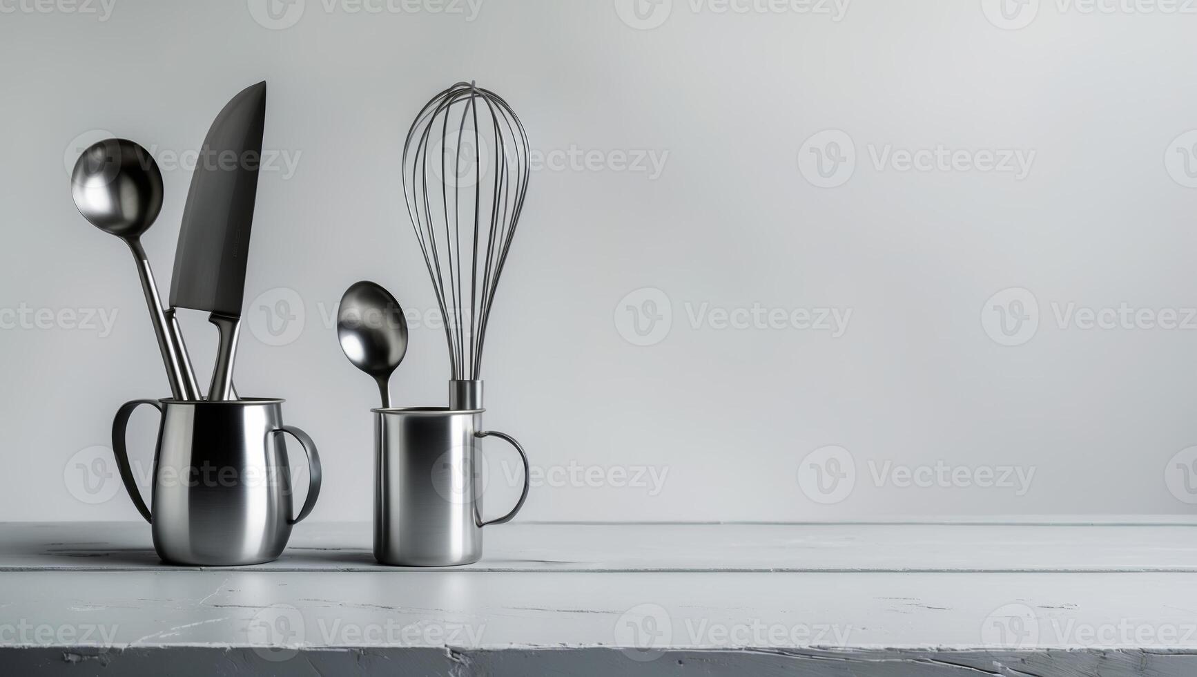 Kitchen utensils arranged on a minimalist countertop in a modern setting photo
