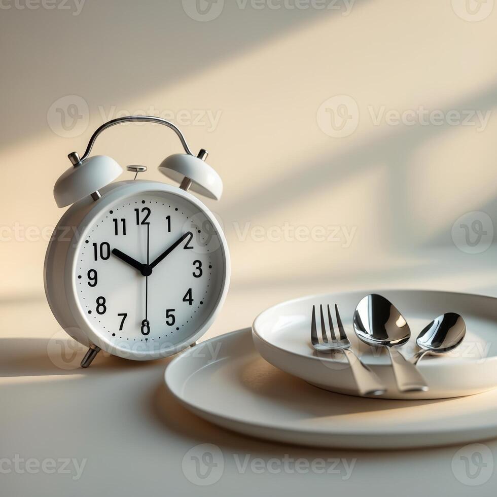White clock and elegant table setting create a serene breakfast atmosphere in soft morning light photo