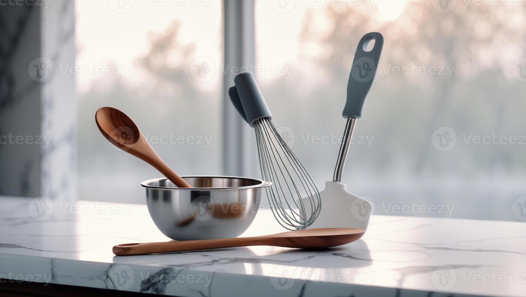 Cooking utensils arranged on a marble countertop with natural light streaming through a window photo