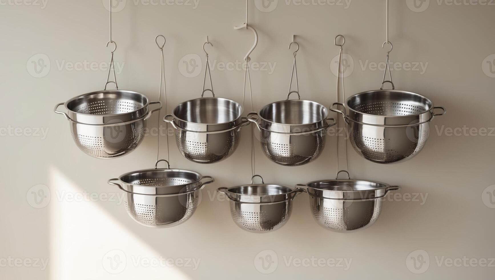 Stylish kitchen display with various stainless steel colanders hanging on a wall in a modern setting photo