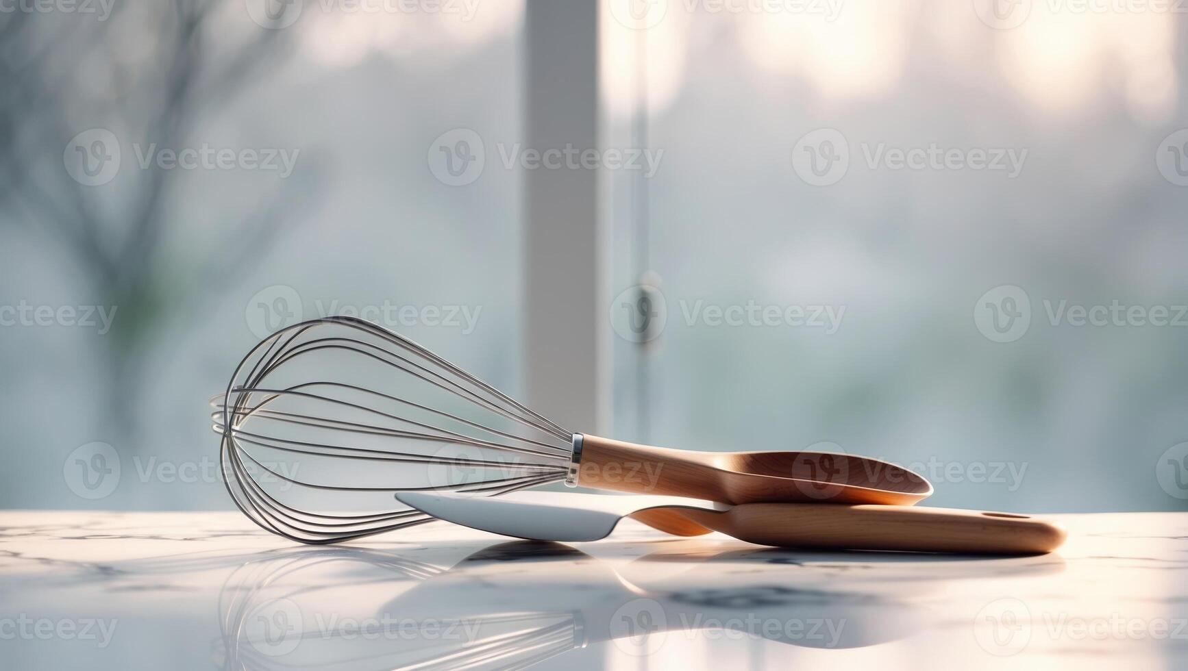 Whisk and spatula resting on a kitchen counter during soft morning light photo